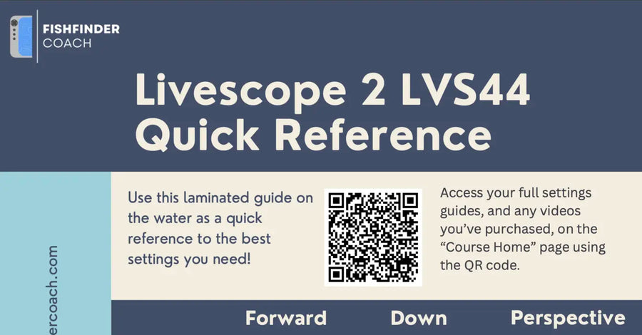 A digital cover page for a 'Livescope 2 LVS44 Quick Reference' laminated guide by Fishfinder Coach. The design features a dark slate blue header with white text, a light blue vertical stripe on the left, and a light beige section below with instructions, a QR code, and navigation labels ('Forward', 'Down', 'Perspective').