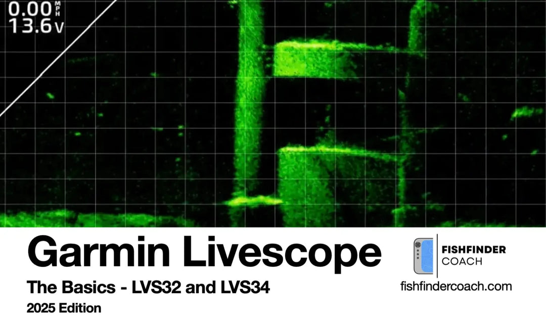 Garmin Livescope display with green sonar image and text about the 2025 Edition on a black background.