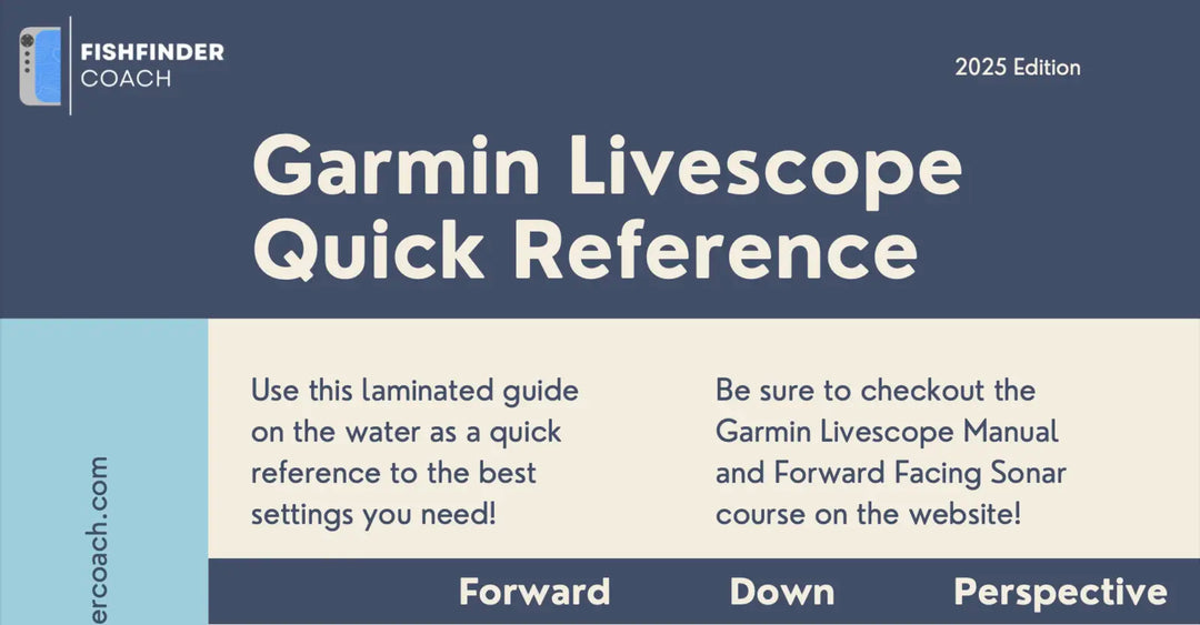 Garmin Livescope Quick Reference guide with Fishfinder Coach branding on a blue and gray background.