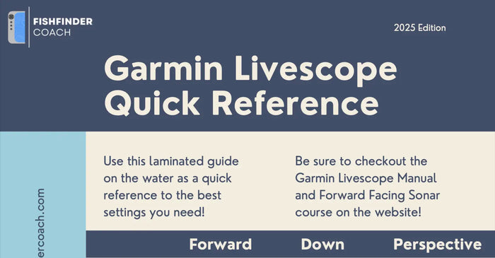 Garmin Livescope Quick Reference guide with Fishfinder Coach branding on a blue and gray background.