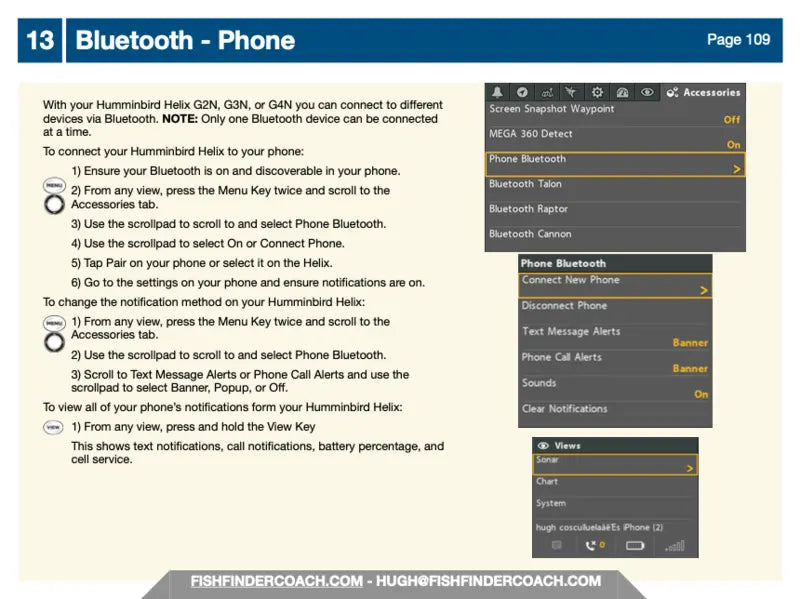 Manual page on Bluetooth phone connection for Humminbird Helix devices with screenshots and text.