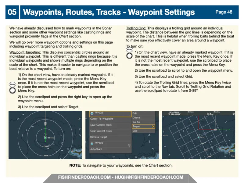 Instructional page on waypoint settings for a fishing navigation system, featuring text and screenshots.