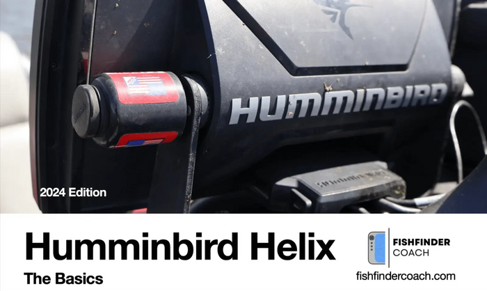 Humminbird Helix fishfinder with branding and model details on a black background