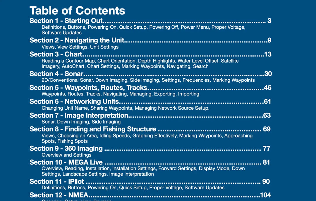 Table of contents for a manual or guide on a blue background