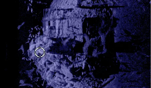 Side imaging screenshot of side imaging of a rock pile in a blue color palette. 