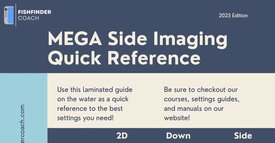 Fishfinder Coach Mega Side Imaging Quick Reference guide with text and branding on a blue and beige background.