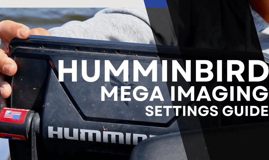 Person holding a Humminbird device with text overlay on a blurred water background