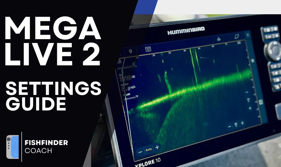 Fishfinder screen displaying sonar graphics with 'Mega Live 2 Settings Guide' text.