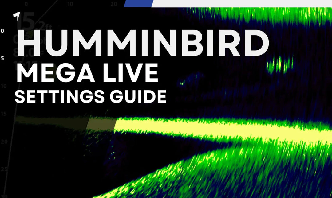 Title card for 'Humminbird Mega Live Settings Guide' with a sonar screen background.