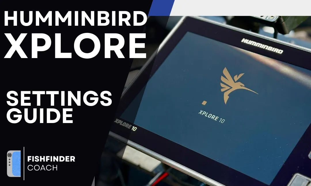Humminbird Xplore fishfinder with settings guide text overlay