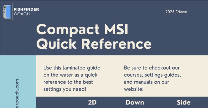 Compact MSI Quick Reference guide with Fishfinder Coach branding on a blue and gray background.