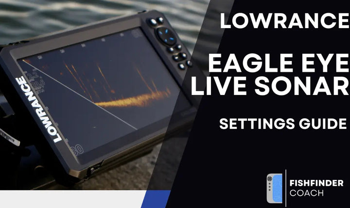 Lowrance Eagle Eye Live Sonar with water background and Fishfinder Coach branding.