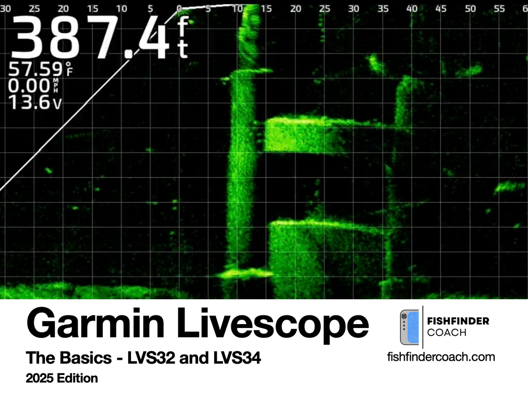 Cover image for Garmin Livescope Manual featuring Fishfinder Coach logo and a Livescope image of a bridge in the green color way. 