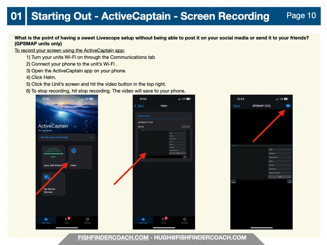 Instructions for using ActiveCaptain app with screen recordings on a document page.