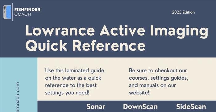Lowrance Active Imaging Quick Reference guide with Fishfinder Coach branding on a blue and gray background.