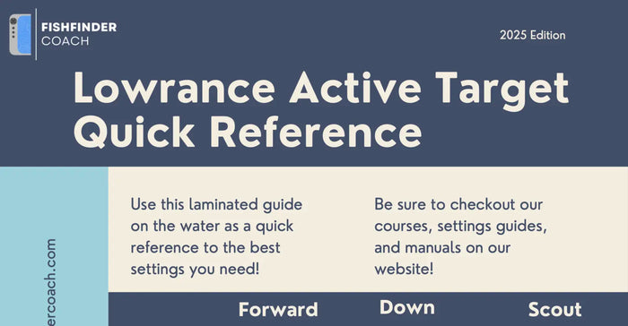 Lowrance Active Target Quick Reference guide with Fishfinder Coach branding on a blue and gray background.