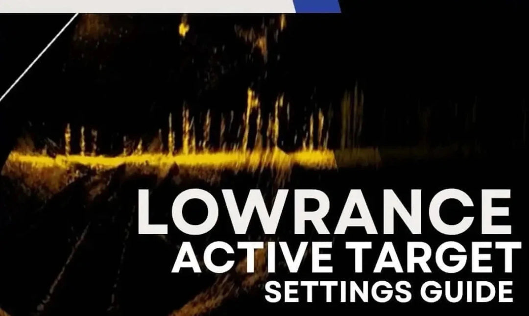Text 'LOWRANCE ACTIVE TARGET SETTINGS GUIDE' over a blurred background with yellow light.