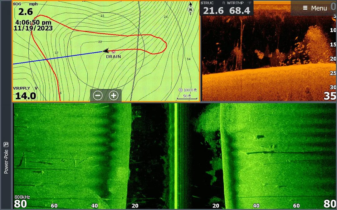 Screenshot of lowrance fishfinder showing chart , down imaging, and side imaging.