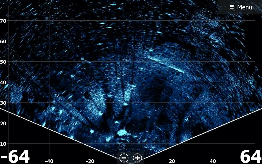 Sonar or radar screen with blue tones and grid layout, showing depth measurements.