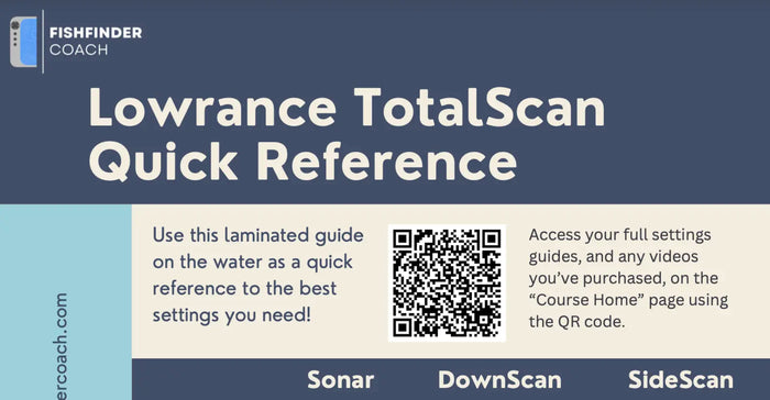 Lowrance TotalScan laminated quick reference card with QR code linking to full settings guides for Sonar, DownScan, and