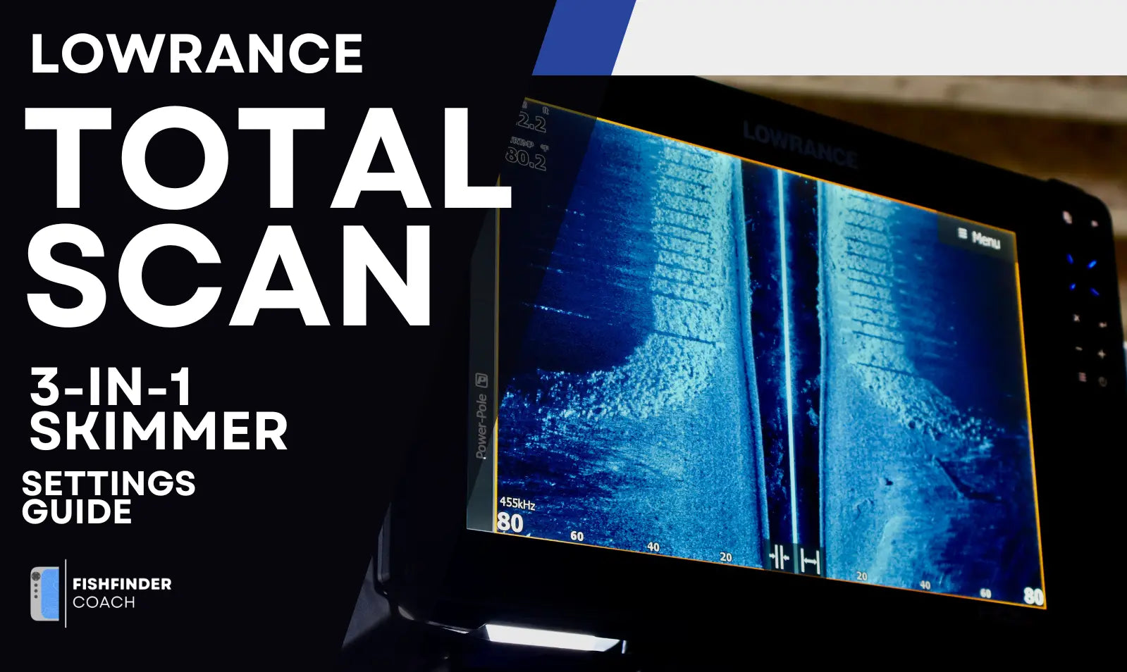 Lowrance unit showing 455kHz side imaging at 80 feet with bottom structure and channel edge visible
