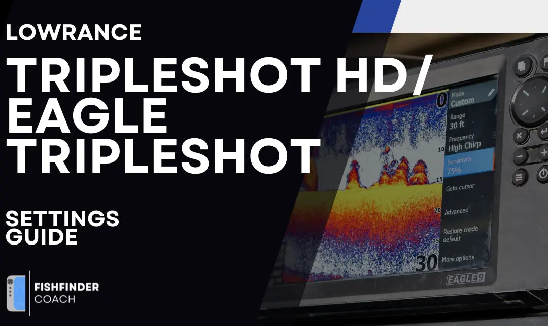 Lowrance Eagle 9 showing TripleShot sonar view with brush pile structure at 30 feet, High Chirp mode, 75% sensitivity