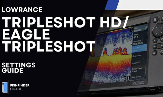 Lowrance Eagle 9 showing TripleShot sonar view with brush pile structure at 30 feet, High Chirp mode, 75% sensitivity
