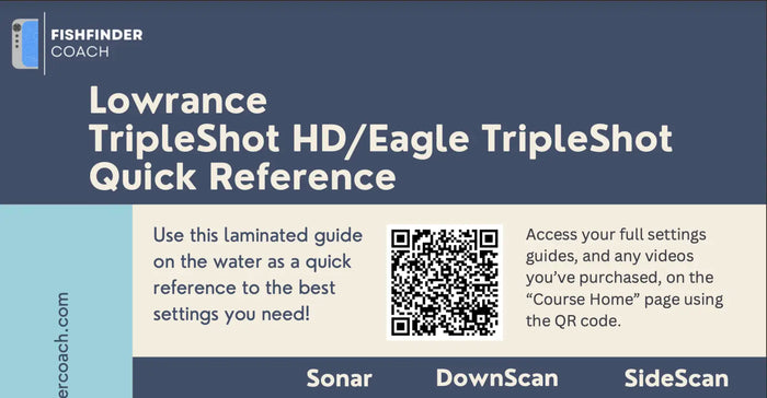 Lowrance TripleShot HD and Eagle TripleShot laminated quick reference card with QR code and Sonar, DownScan, SideScan tabs