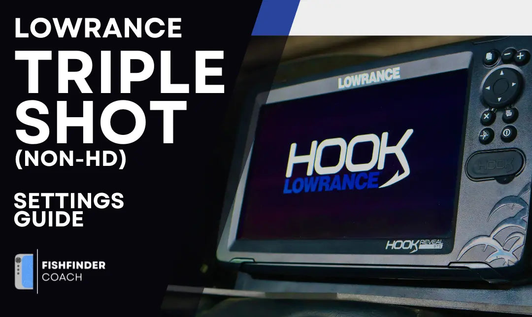Lowrance Hook Reveal unit displaying startup screen for Triple Shot transducer settings guide