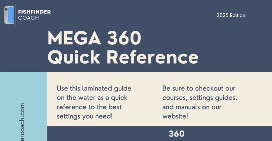 Mega 360 Quick Reference guide with Fishfinder Coach branding on a blue and gray background.