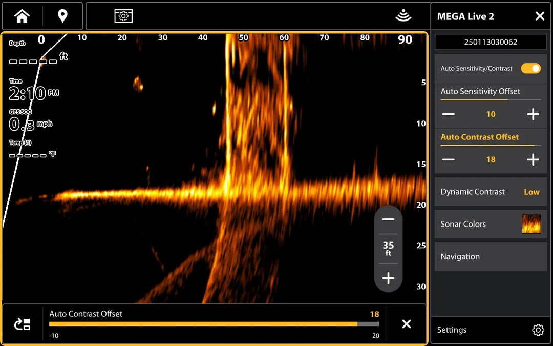Sonar screen with fish and depth readings on a black background