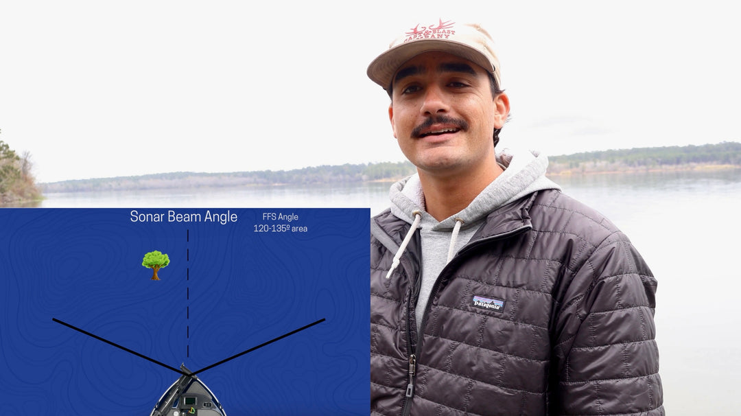 Man wearing a cap and jacket with a sonar beam angle diagram overlay.