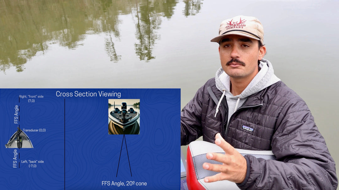 Man in a boat with a screen displaying cross-sectional views of a boat on a lake.