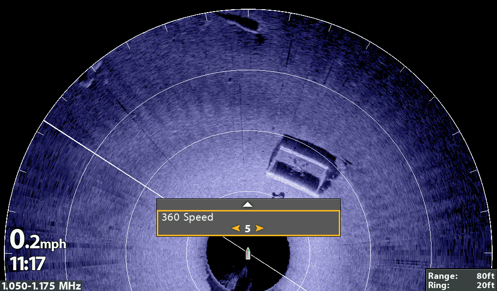 Sonar display showing underwater objects with 360-degree view and speed settings, including visible speed and range indicators.