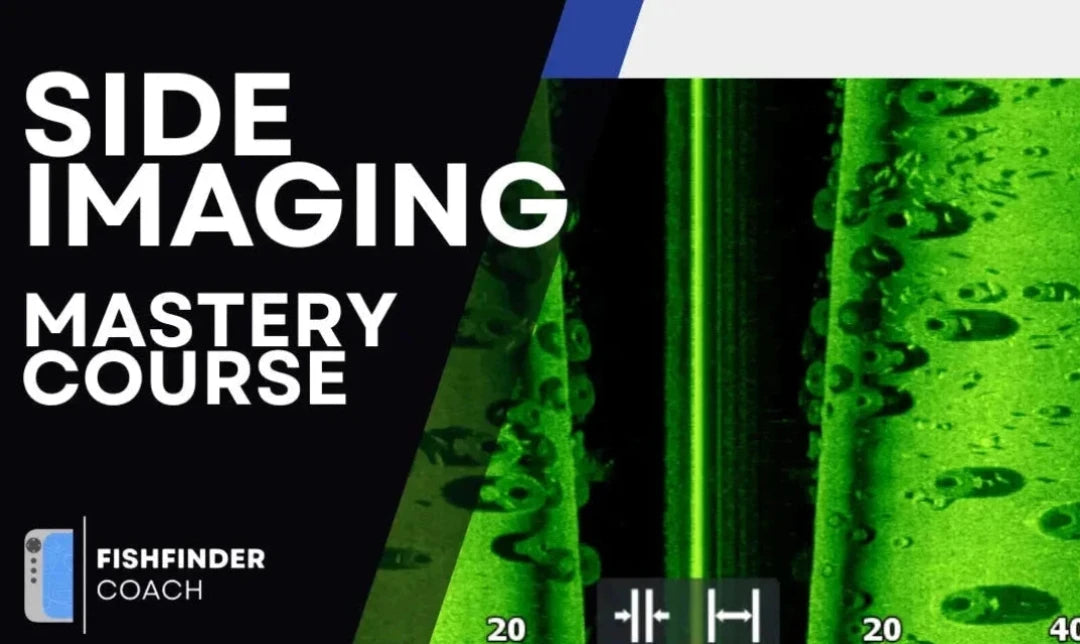 Green sonar screenshot with side imaging settings for Fishfinder Coach course on black background, featuring course title in
