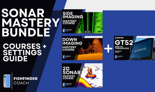 Sonar Mastery Bundle showing Side Imaging, Down Imaging, and 2D Sonar courses with Garmin GT52 settings guide