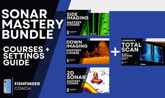 Sonar Mastery Bundle showing Side Imaging, Down Imaging, and 2D Sonar courses plus Lowrance TotalScan settings guide