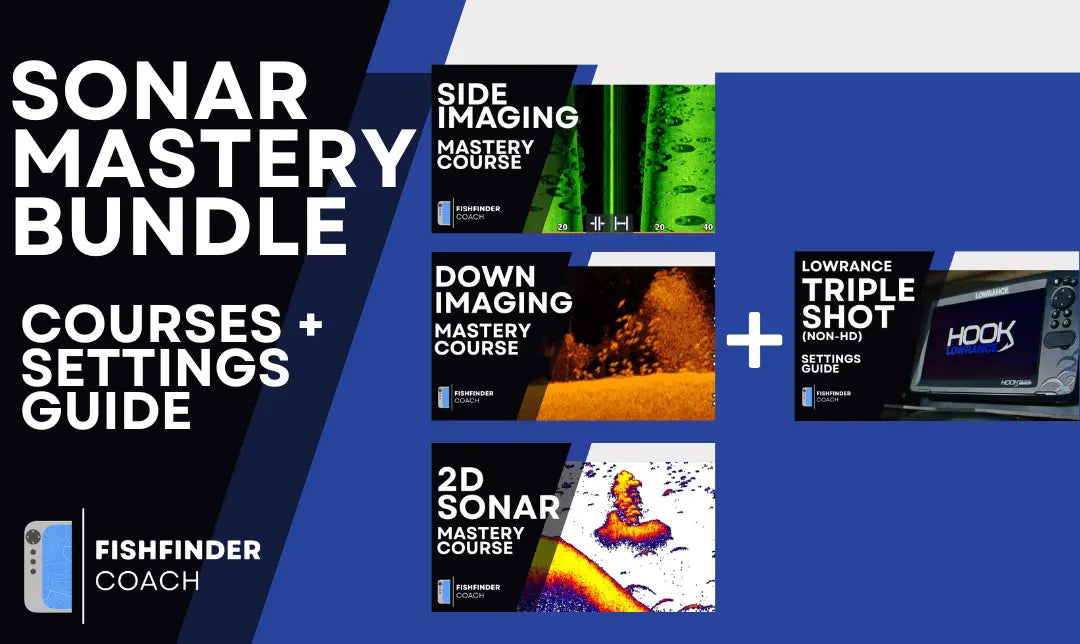 Sonar Mastery Bundle showing Side Imaging, Down Imaging, and 2D Sonar courses plus Lowrance Hook TripleShot settings guide