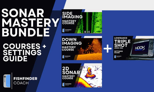 Sonar Mastery Bundle showing Side Imaging, Down Imaging, and 2D Sonar courses plus Lowrance Hook TripleShot settings guide