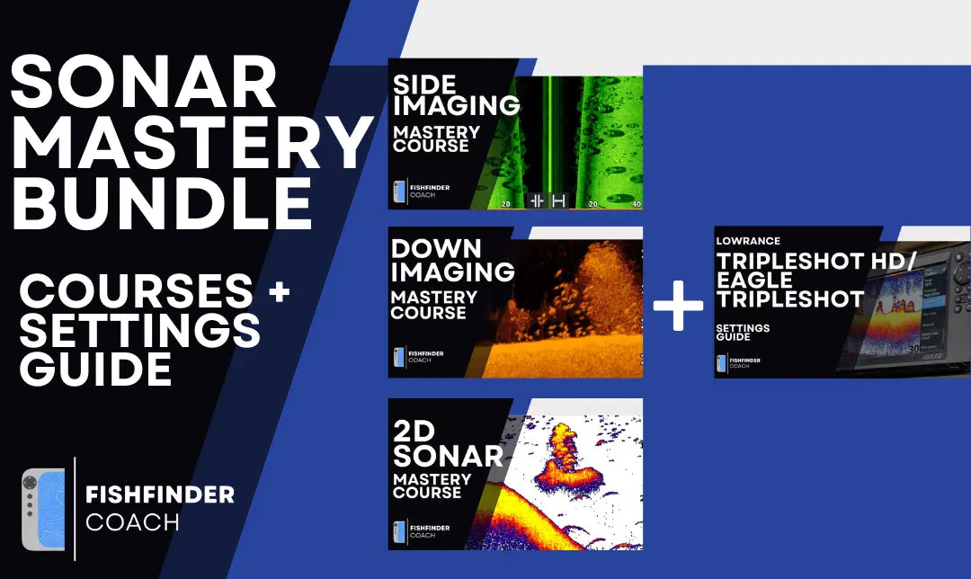Sonar Mastery Bundle showing Side Imaging, Down Imaging, and 2D Sonar courses plus Lowrance TripleShot settings guide