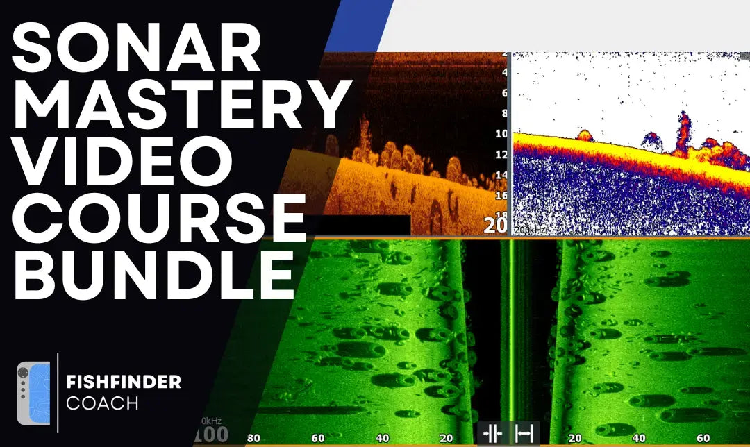 Sonar Mastery Video Course Bundle with 2D, down imaging, and side imaging screenshots on dark background