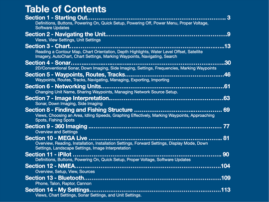 "Humminbird Helix Manual Table of Contents featuring sonar, navigation, MEGA imaging, and iPilot Link settings."