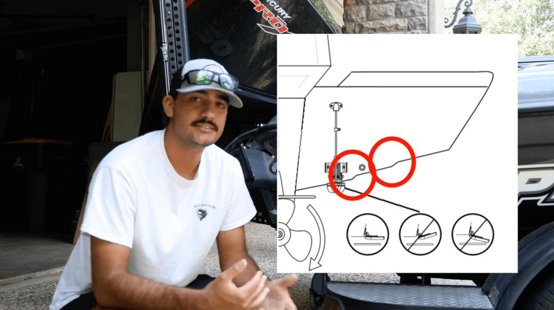 Man explaining boat propeller maintenance with instructional diagram overlay.