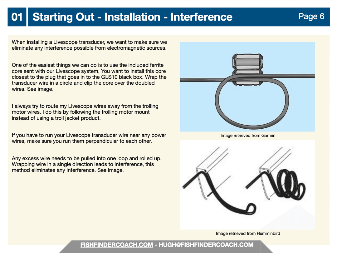 "Livescope transducer installation guide with interference elimination tips and diagrams showing ferrite core usage."