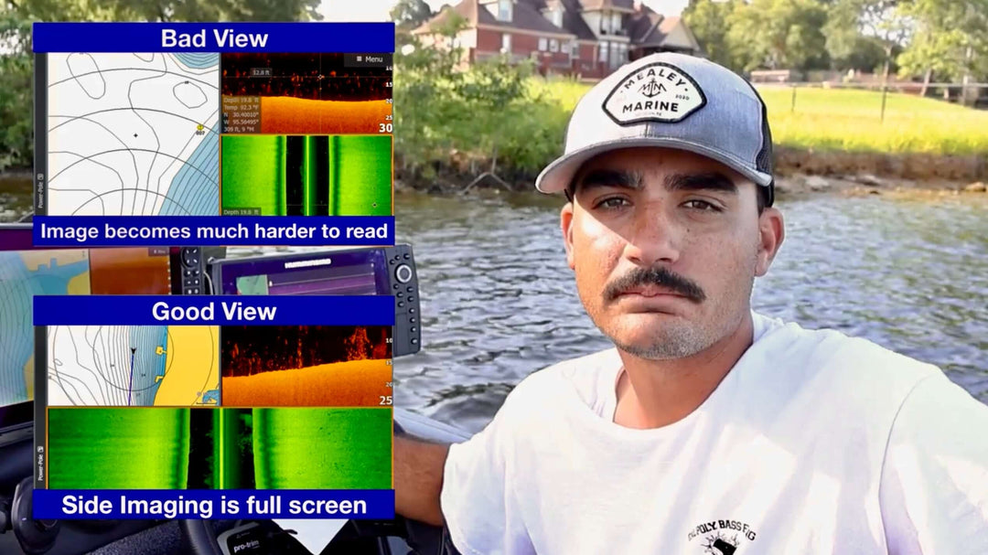 Man on a boat demonstrates a fish finder screen with side imaging, showing comparison between bad and good view for clearer readings.