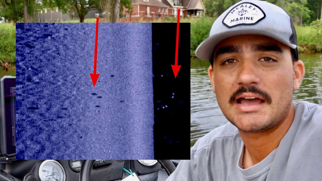 Fisherman showing sonar image findings on a boat in a lakeside environment.