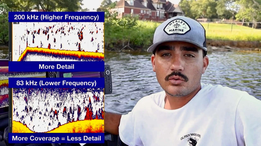 Man on a boat with a fish finder display showing comparison between 200 kHz and 83 kHz frequencies for detail and coverage.