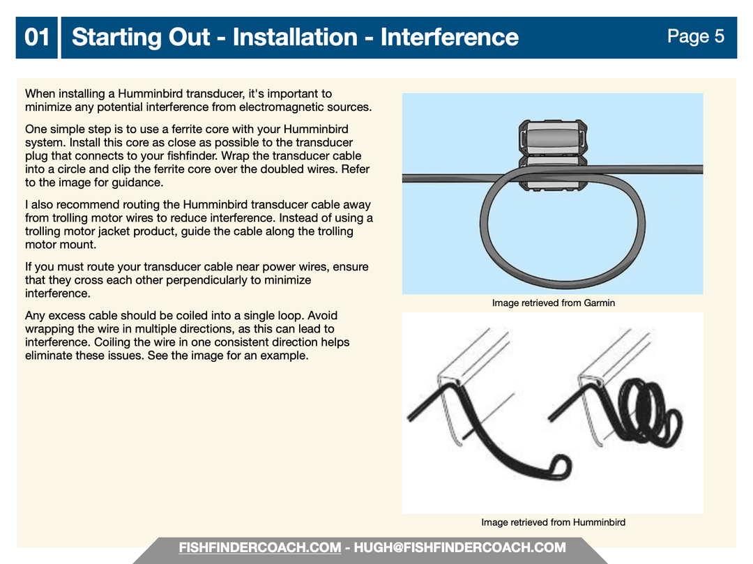 Humminbird transducer installation guide to minimize electromagnetic interference in fishfinder systems with proper cable management.