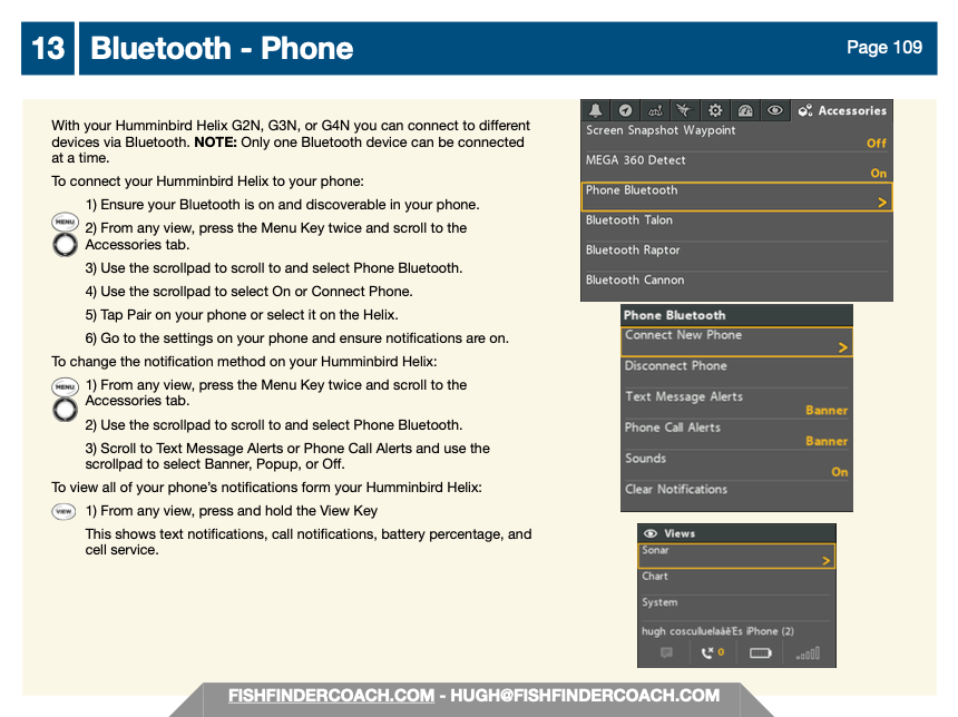 Instructions to connect Humminbird Helix via Bluetooth, detailing steps to enable notifications and manage phone alerts.