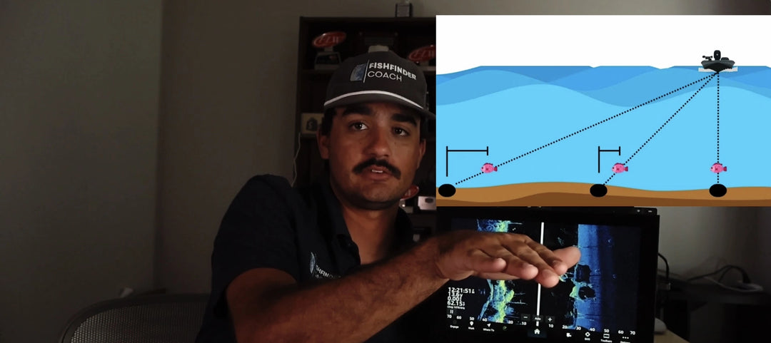 Person using a fish finder with a screen displaying underwater graphics